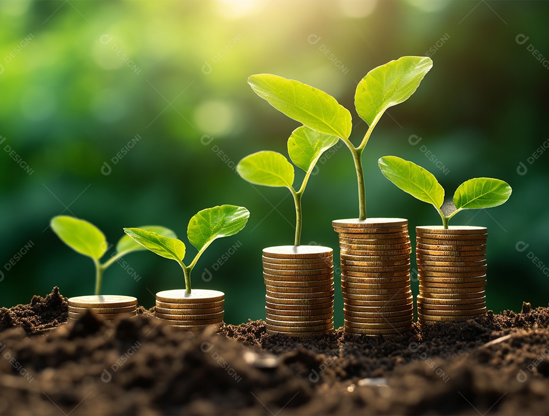 Mudas crescendo sobre pilhas de moedas.