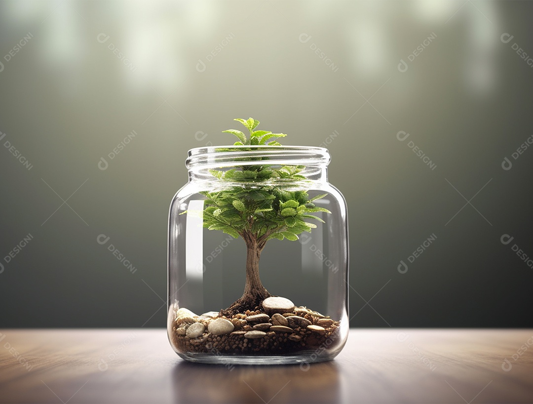 Moedas e bonsai dentro de um Frasco de vidro.