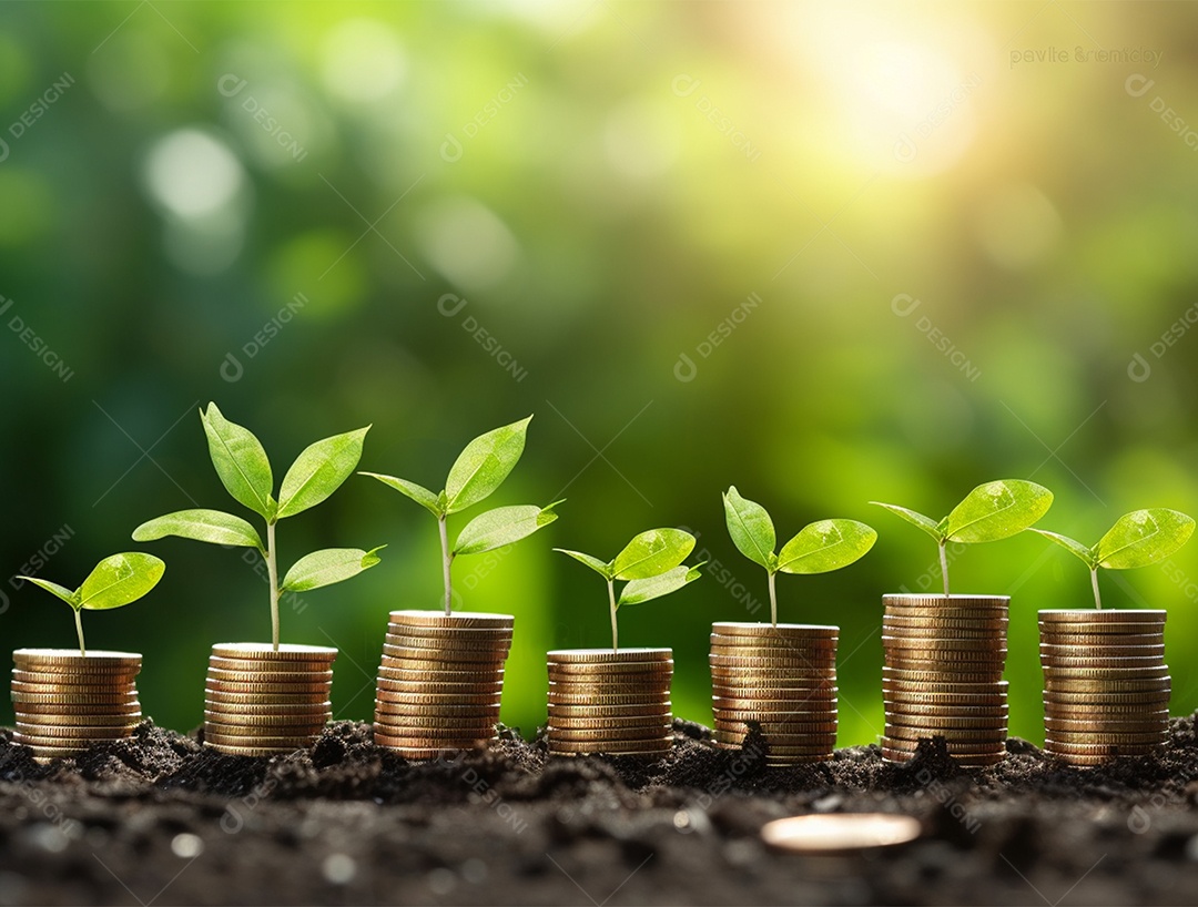 Mudas crescendo sobre pilhas de moedas.