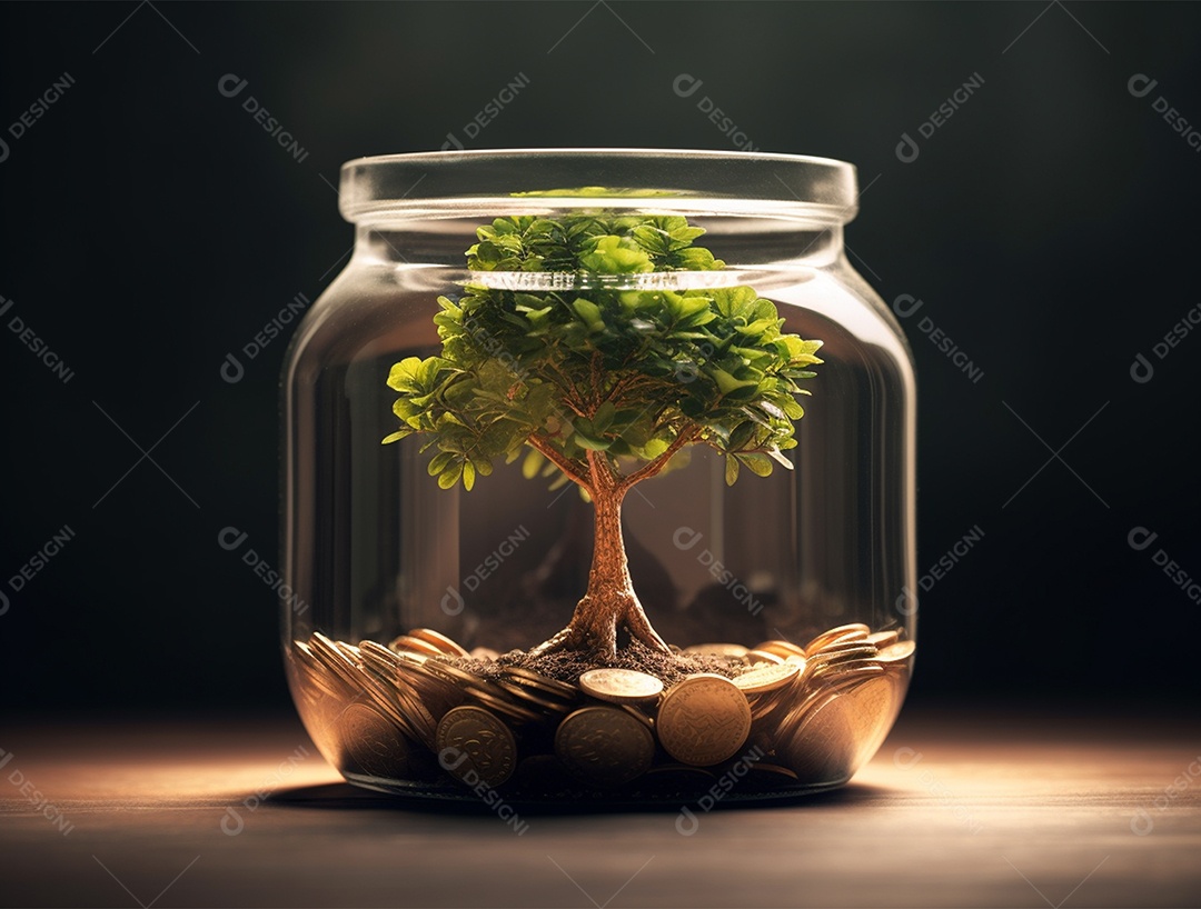 Moedas e bonsai dentro de um Frasco de vidro.