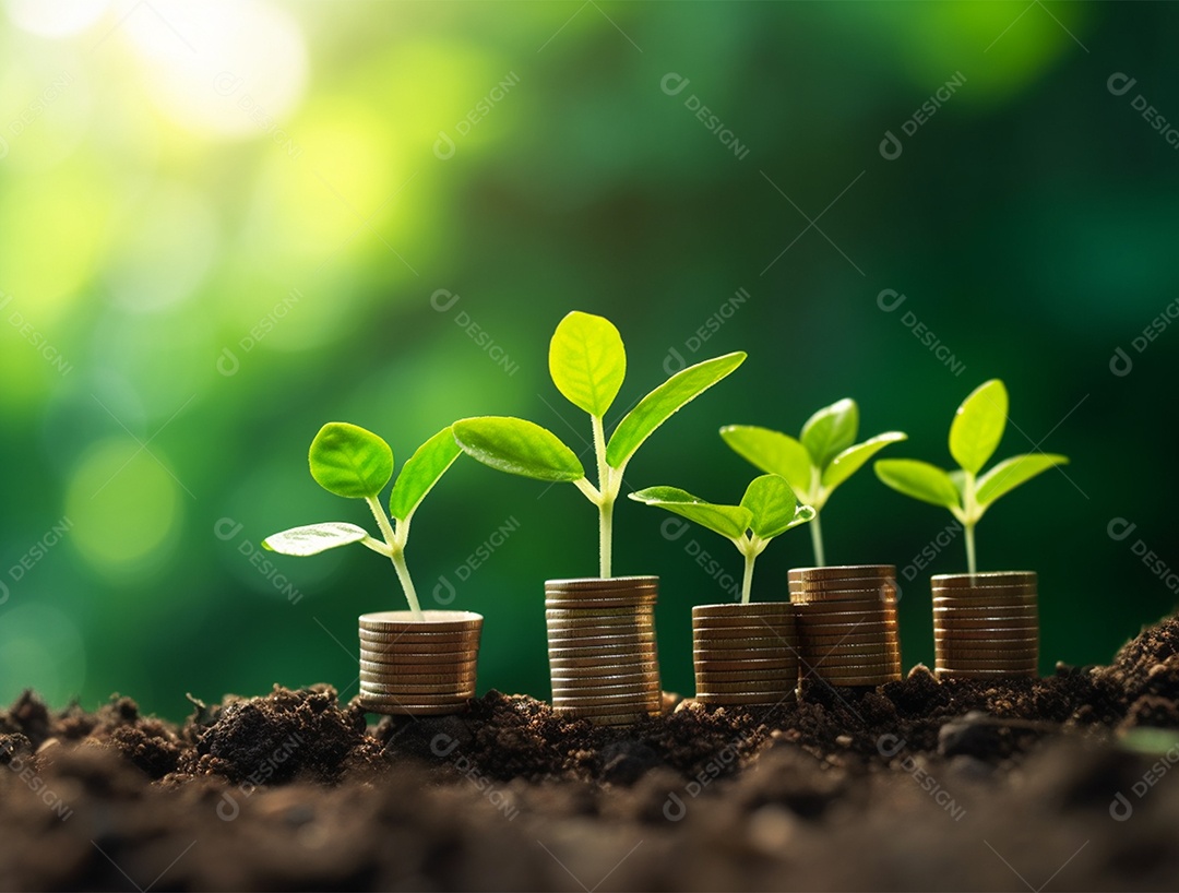 Mudas crescendo sobre pilhas de moedas.