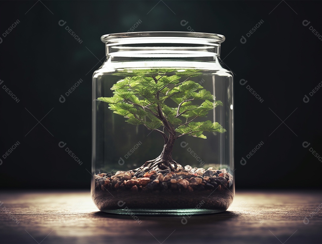 Moedas e bonsai dentro de um Frasco de vidro.