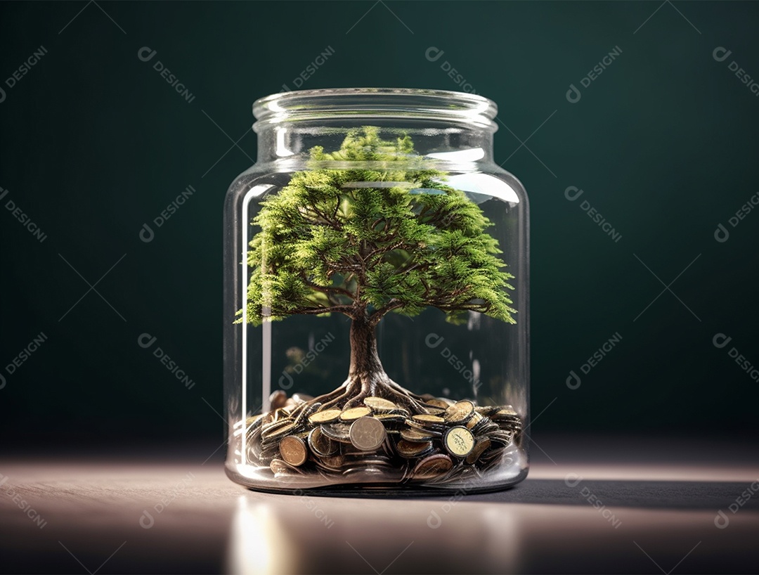 Moedas e bonsai dentro de um Frasco de vidro.