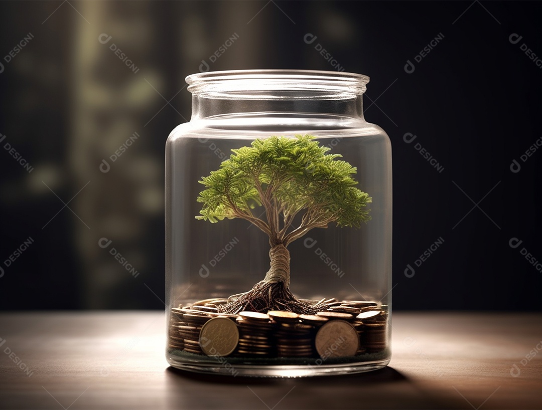 Moedas e bonsai dentro de um Frasco de vidro.