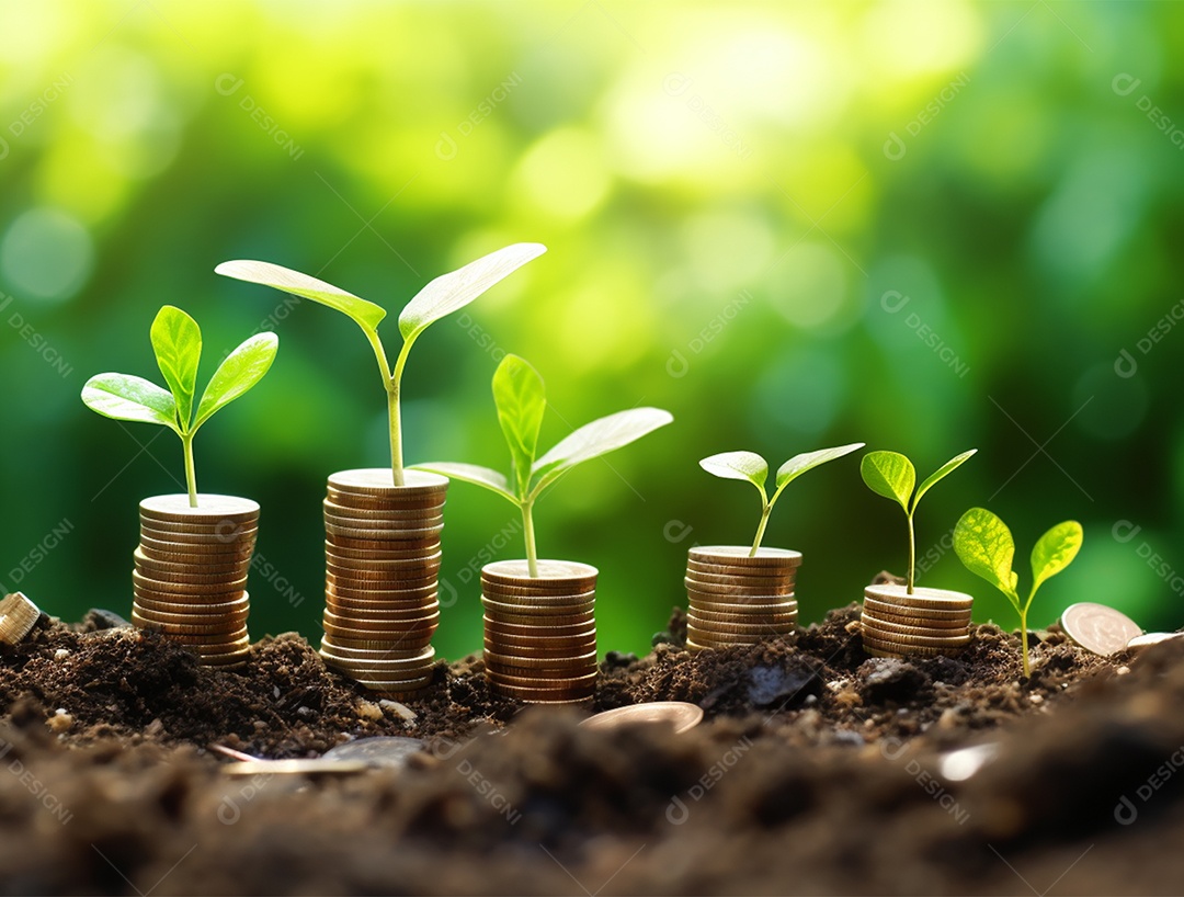 Mudas crescendo sobre pilhas de moedas.