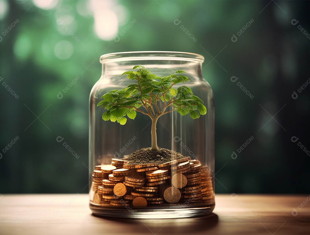 Moedas e bonsai dentro de um Frasco de vidro.