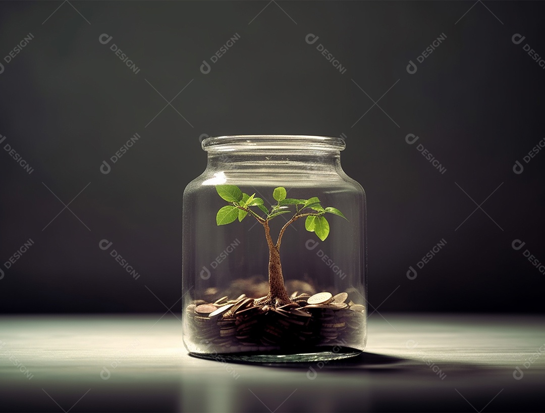 Moedas e bonsai dentro de um Frasco de vidro.