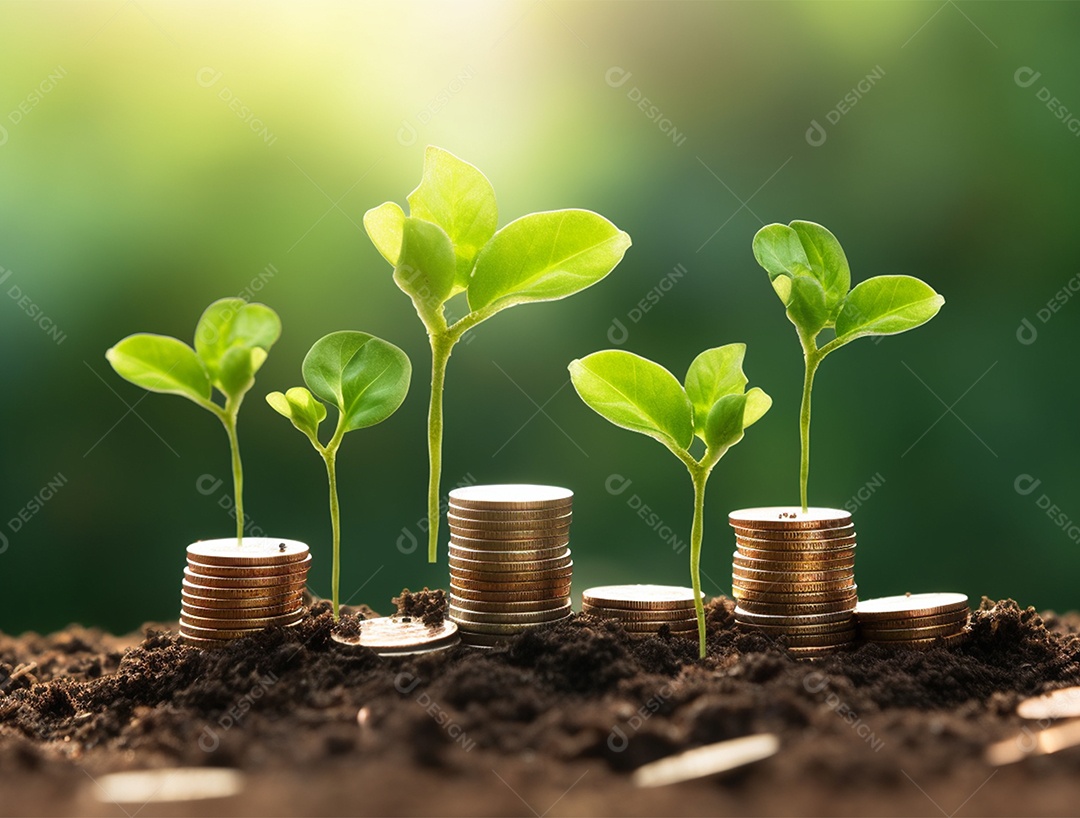 Mudas crescendo sobre pilhas de moedas.