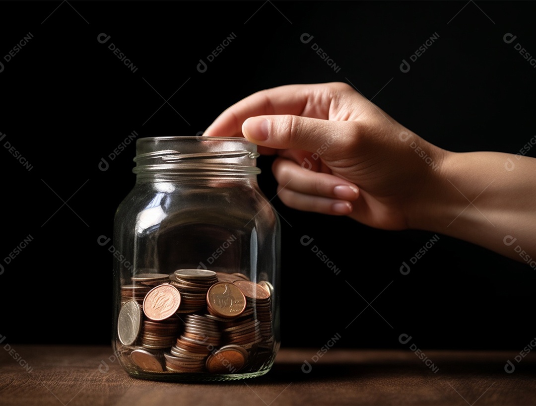 Mão sobre frasco de vidro com moedas.