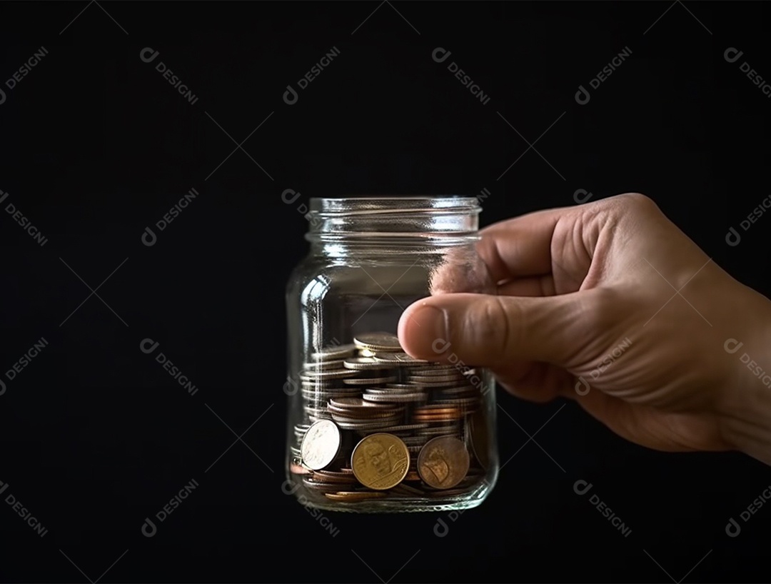 Mão segurando frasco de vidro com moedas.