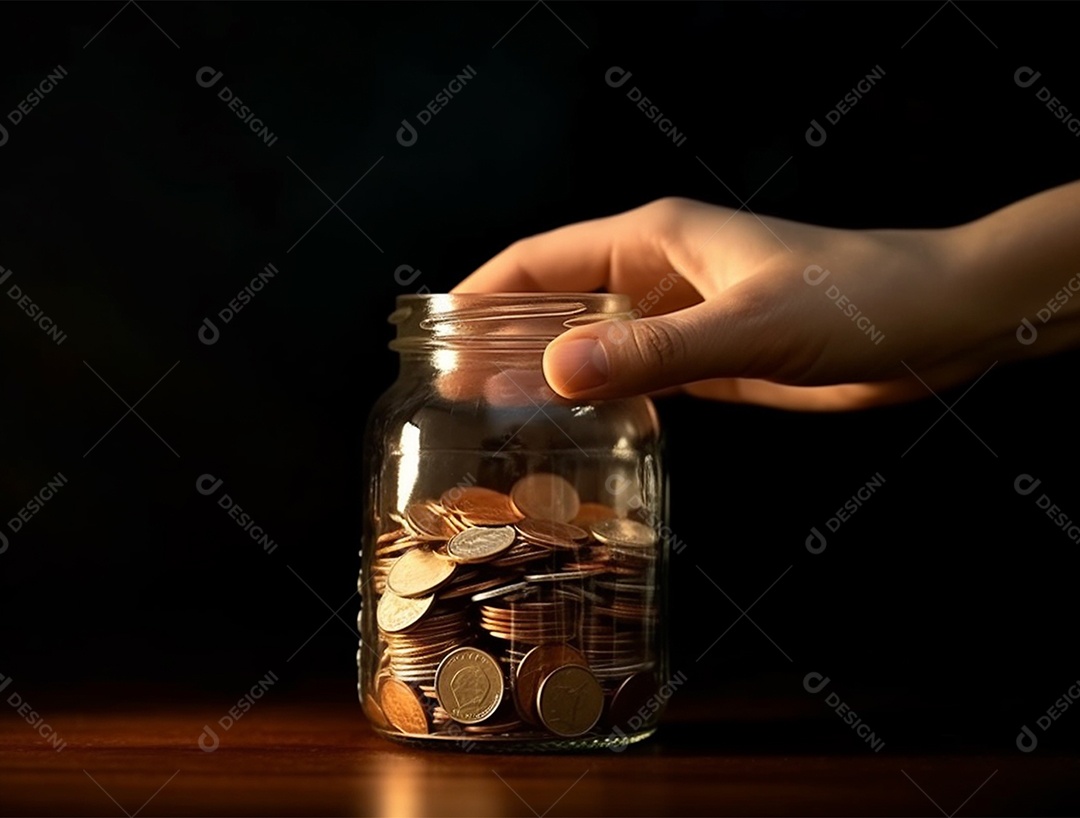 Mão sobre frasco de vidro com moedas.