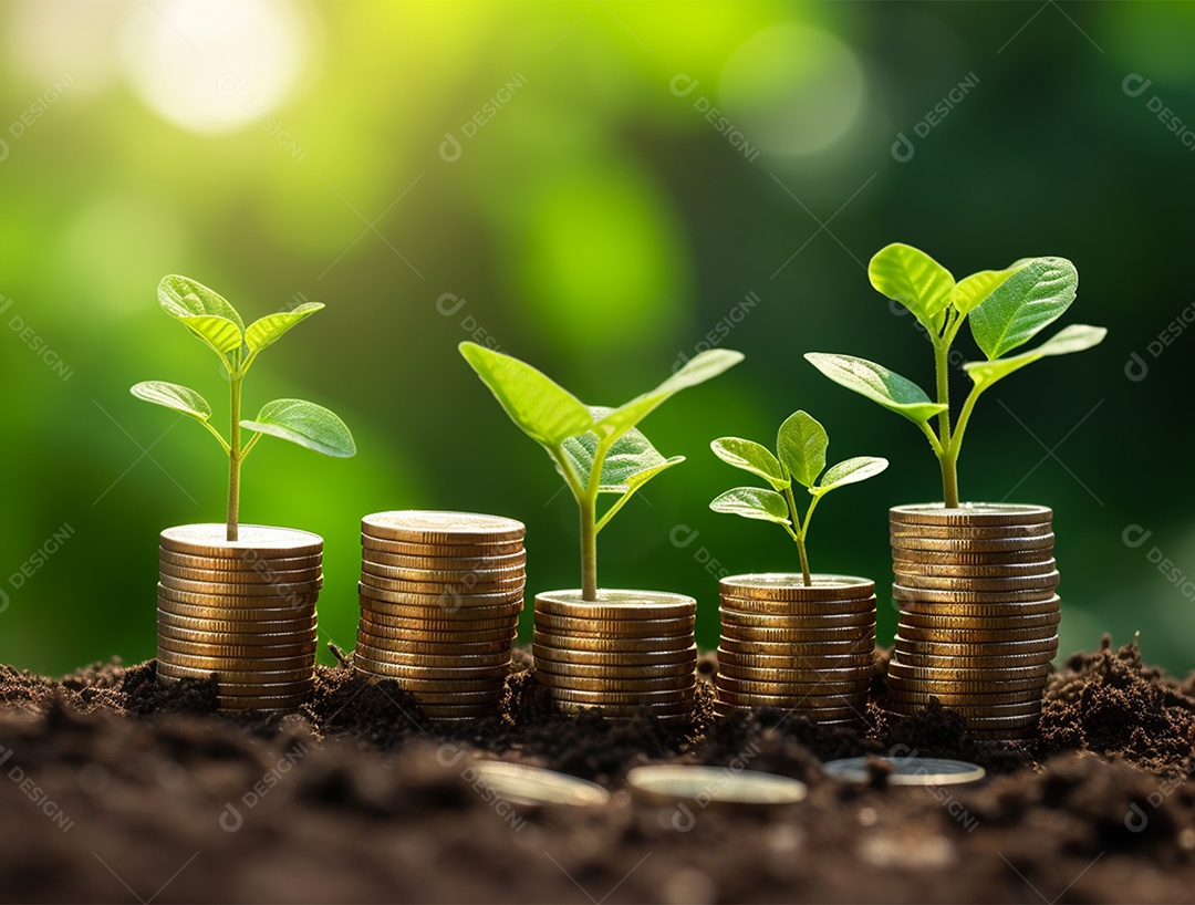 Mudas crescendo sobre pilhas de moedas.