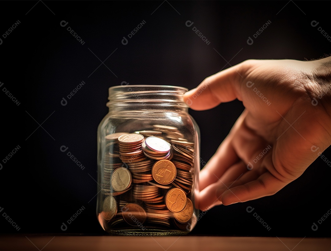 Mão sobre frasco de vidro com moedas.