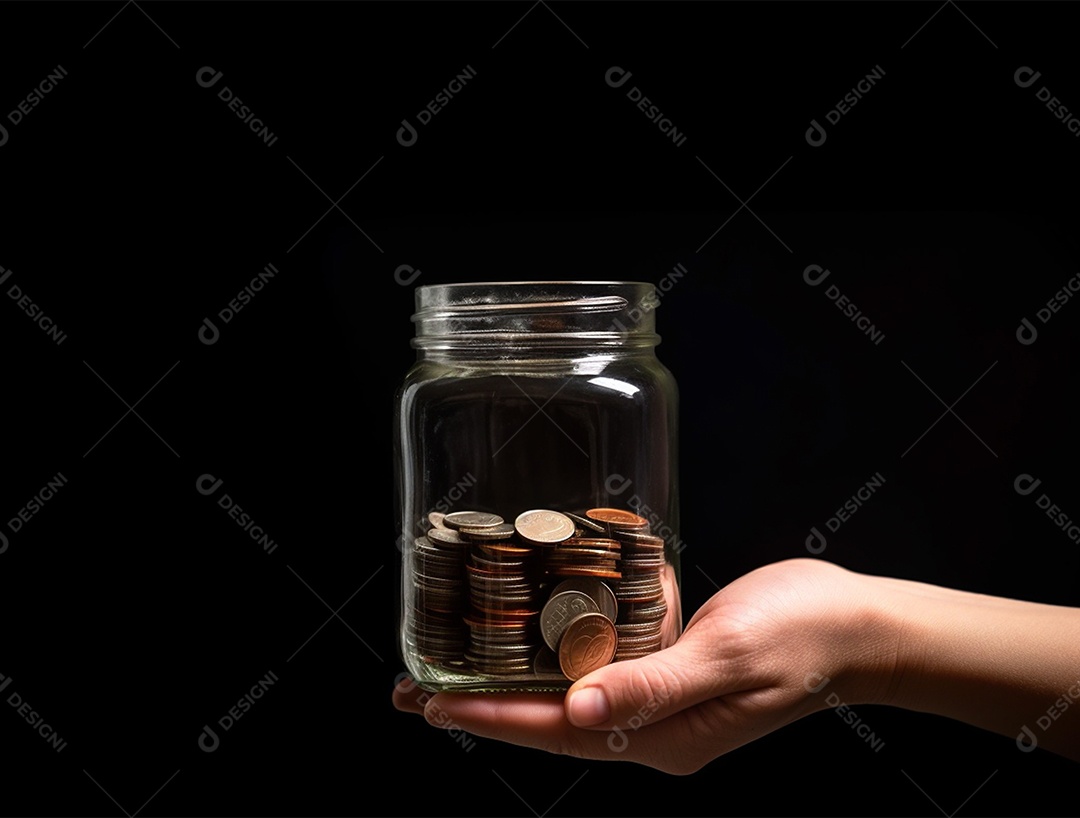 Mão segurando frasco de vidro com moedas.