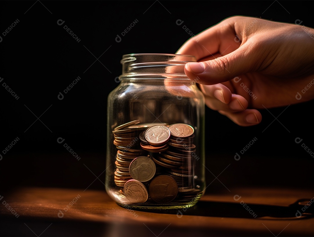 Mão sobre frasco de vidro com moedas.