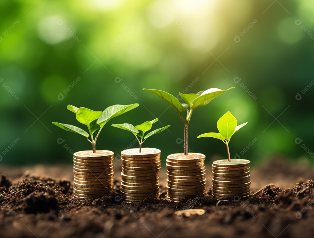 Mudas crescendo sobre pilhas de moedas.