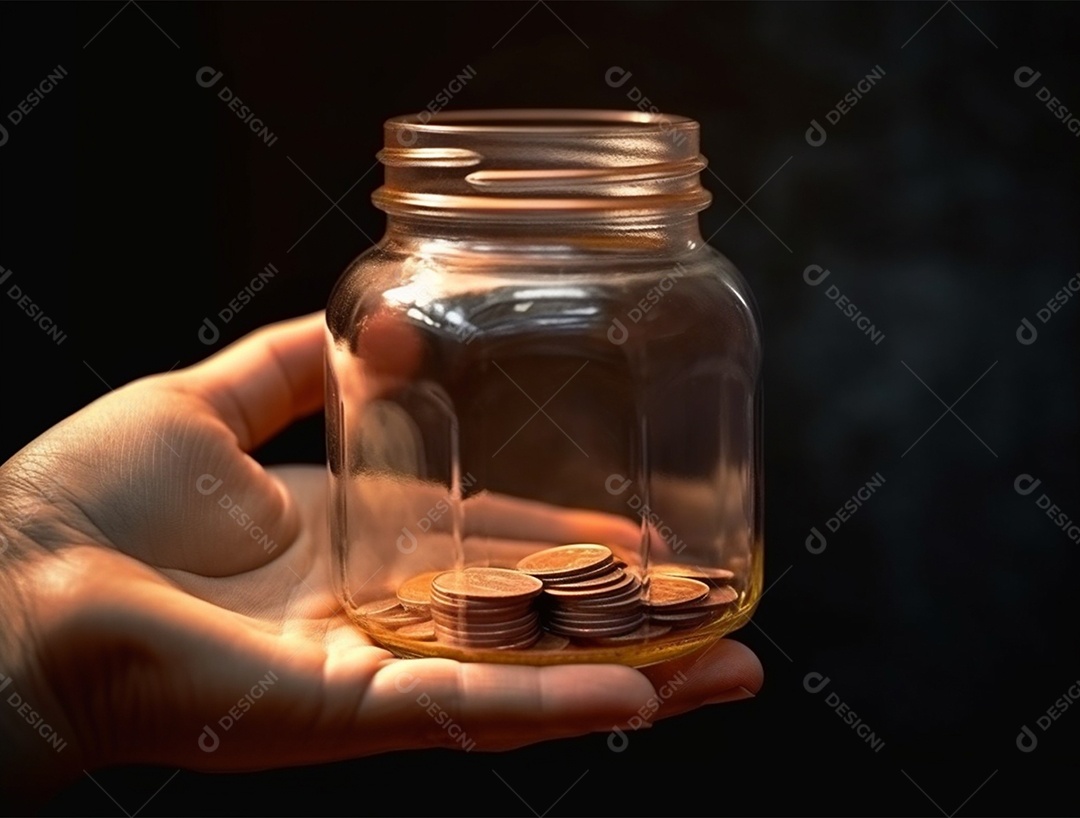 Mão segurando frasco de vidro com moedas.