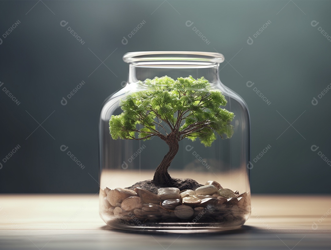 Moedas e bonsai dentro de um Frasco de vidro.