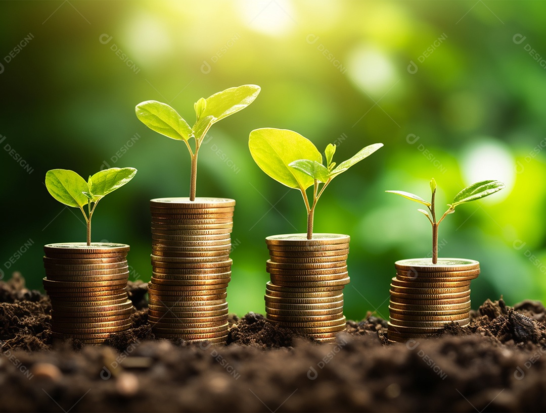 Mudas crescendo sobre pilhas de moedas.