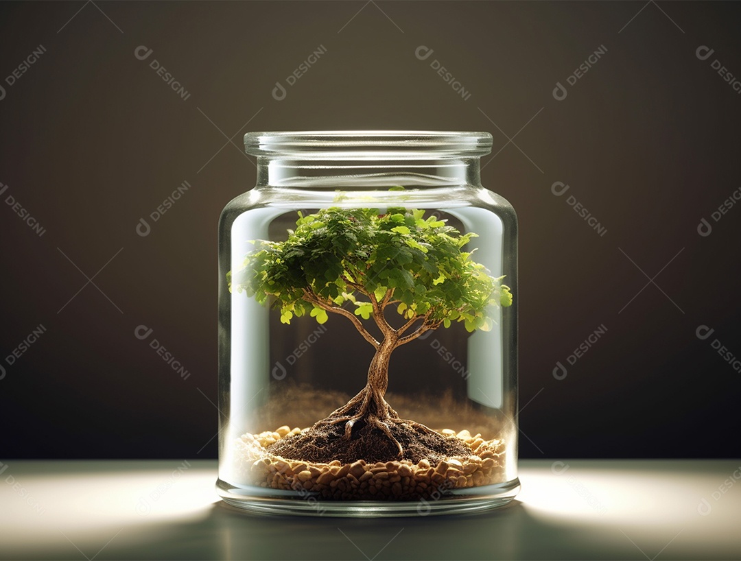 Moedas e bonsai dentro de um Frasco de vidro.