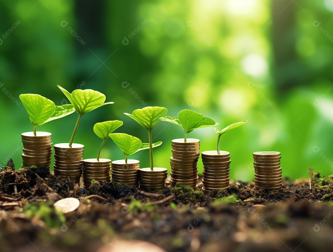 Mudas crescendo sobre pilhas de moedas.