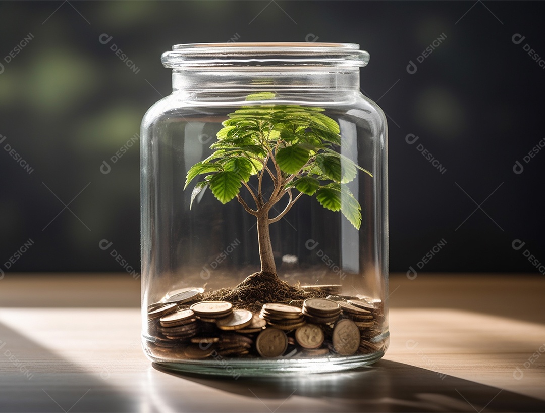 Moedas e bonsai dentro de um Frasco de vidro.