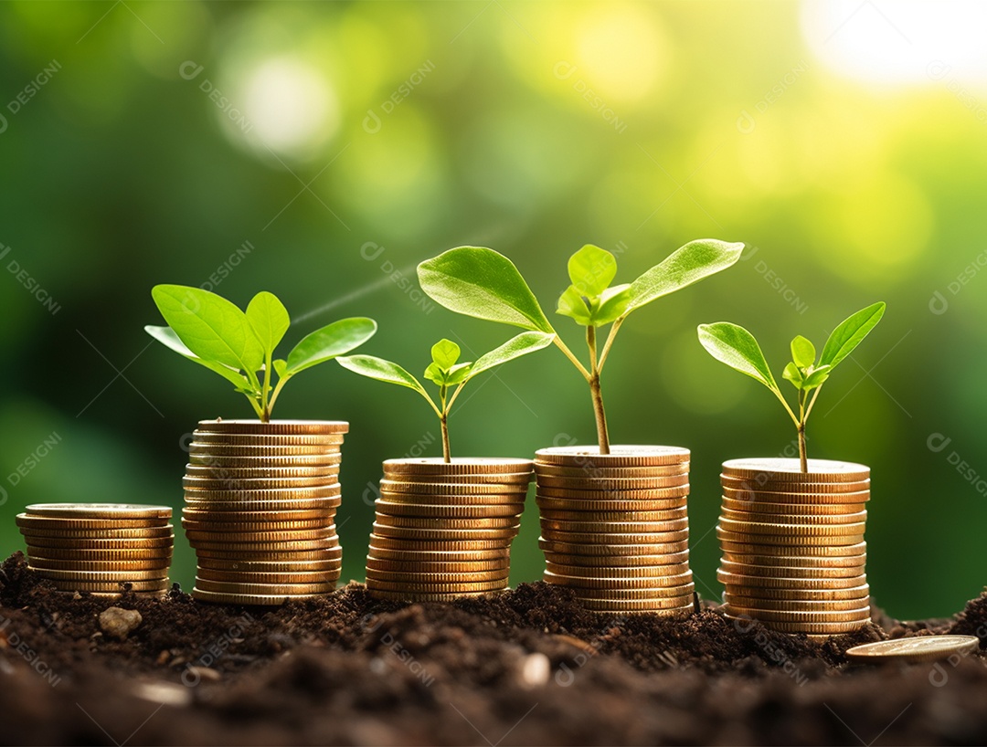 Mudas crescendo sobre pilhas de moedas.