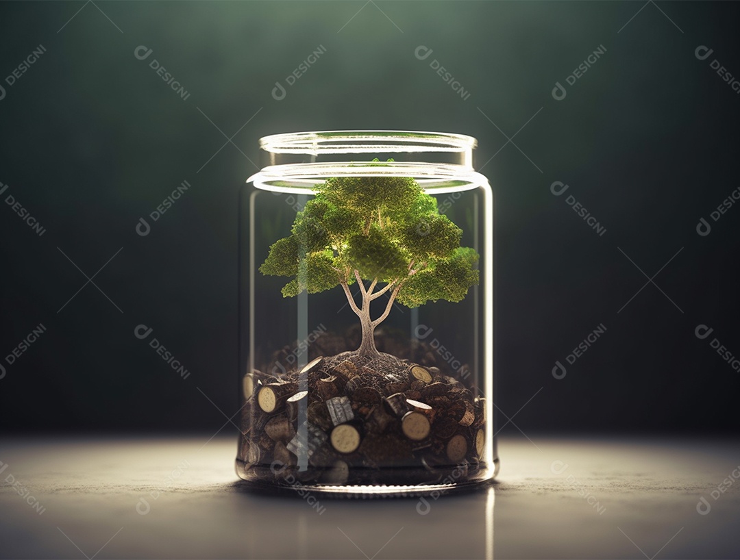 Moedas e bonsai dentro de um Frasco de vidro.