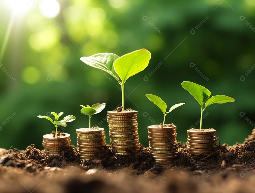 Mudas crescendo sobre pilhas de moedas.