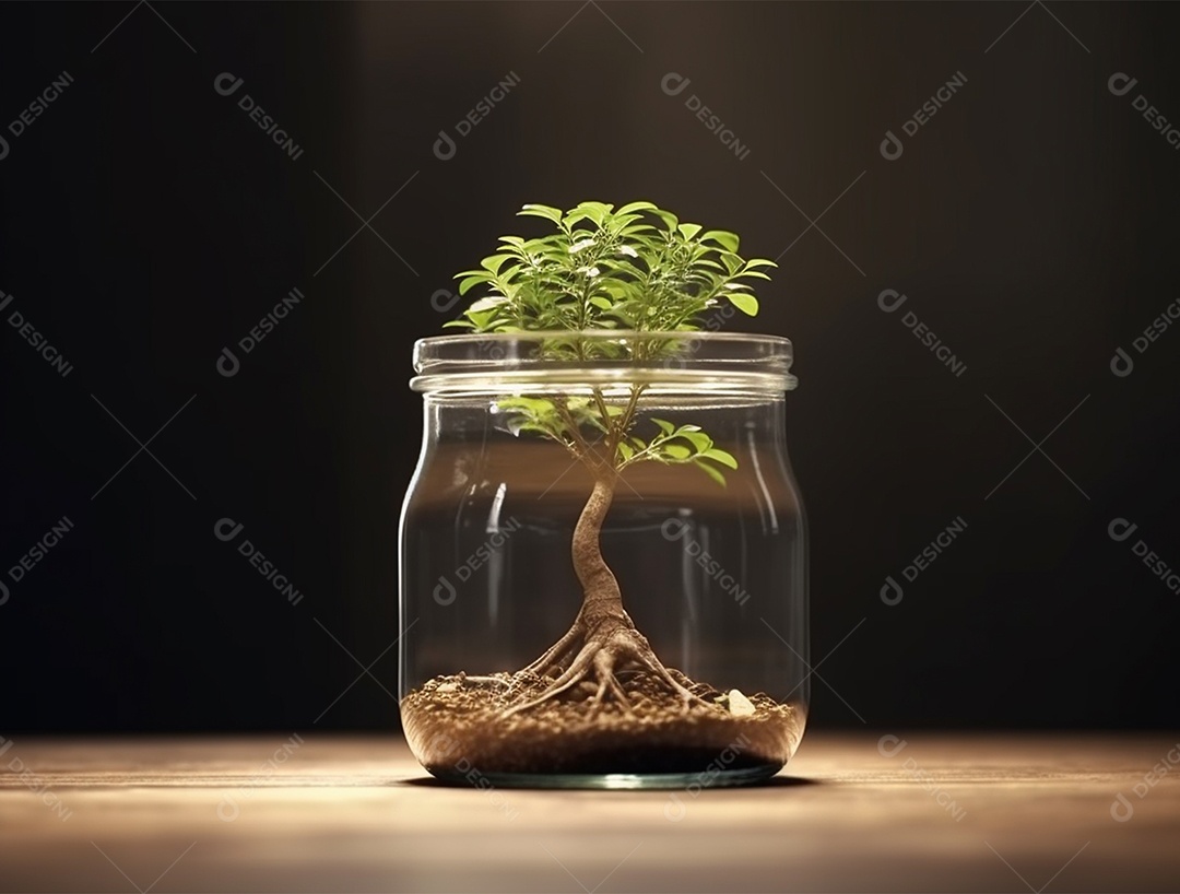 Moedas e bonsai dentro de um Frasco de vidro.