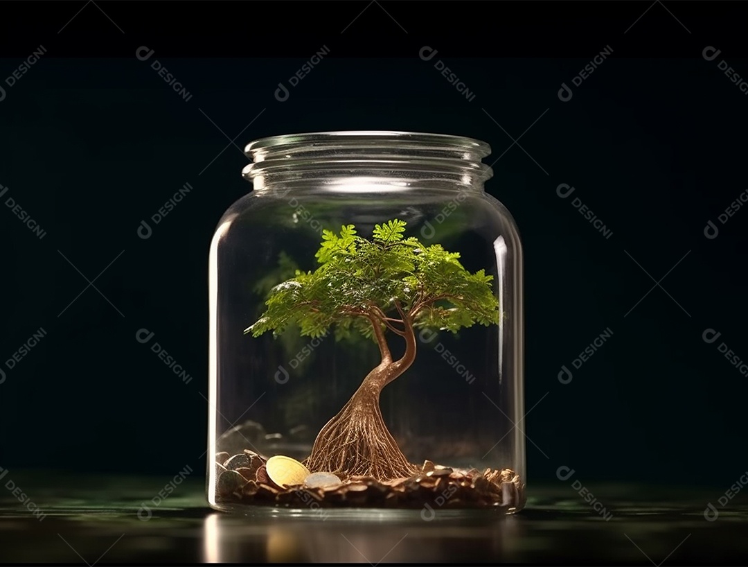 Moedas e bonsai dentro de um Frasco de vidro.