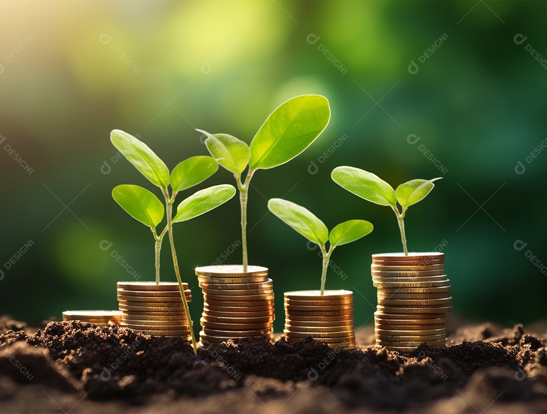 Mudas crescendo sobre pilhas de moedas.