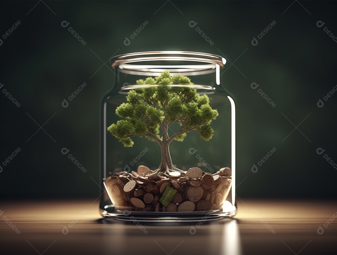 Moedas e bonsai dentro de um Frasco de vidro.
