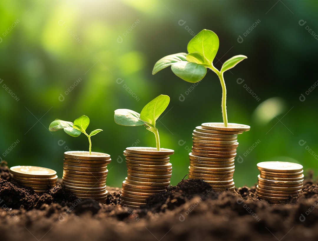 Mudas crescendo sobre pilhas de moedas.