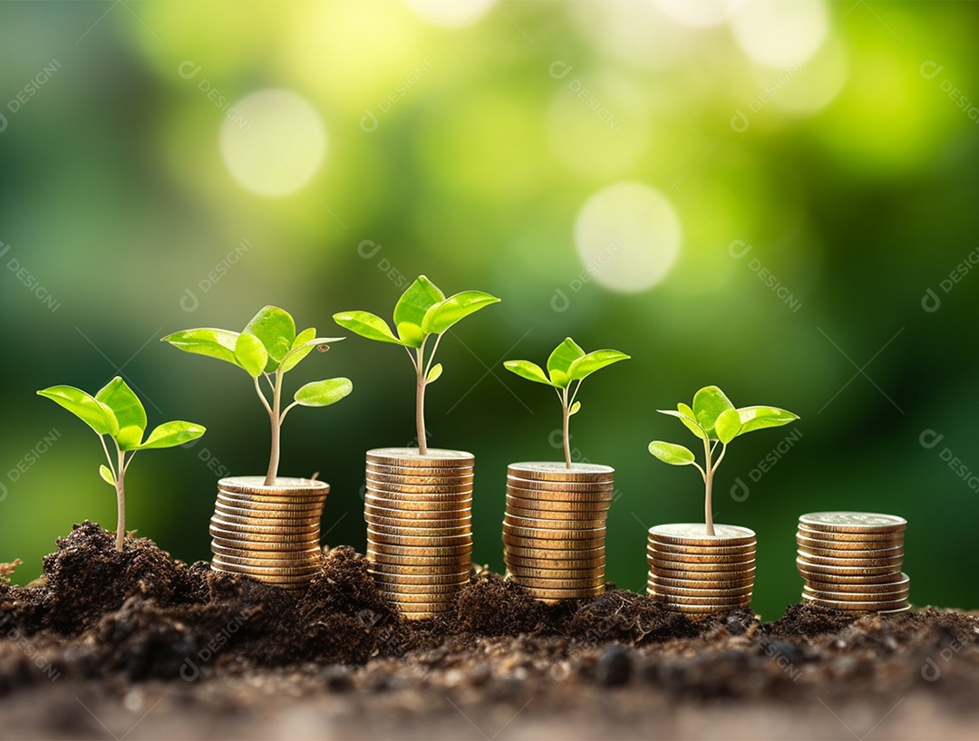 Mudas crescendo sobre pilhas de moedas.