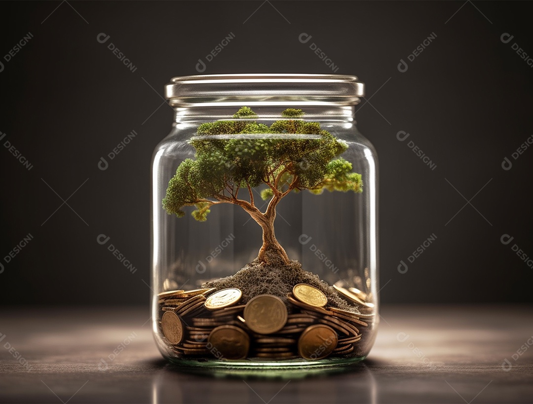Moedas e bonsai dentro de um Frasco de vidro.