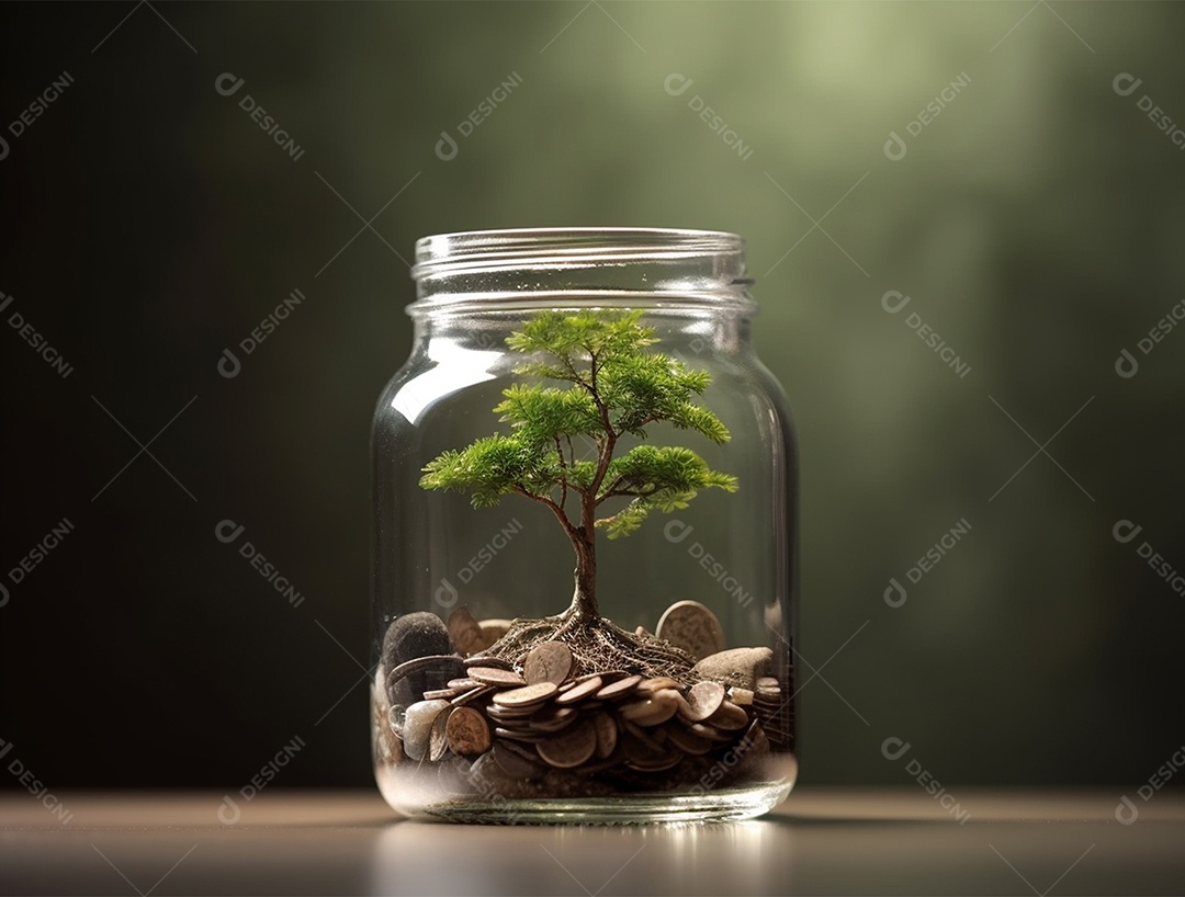 Moedas e bonsai dentro de um Frasco de vidro.