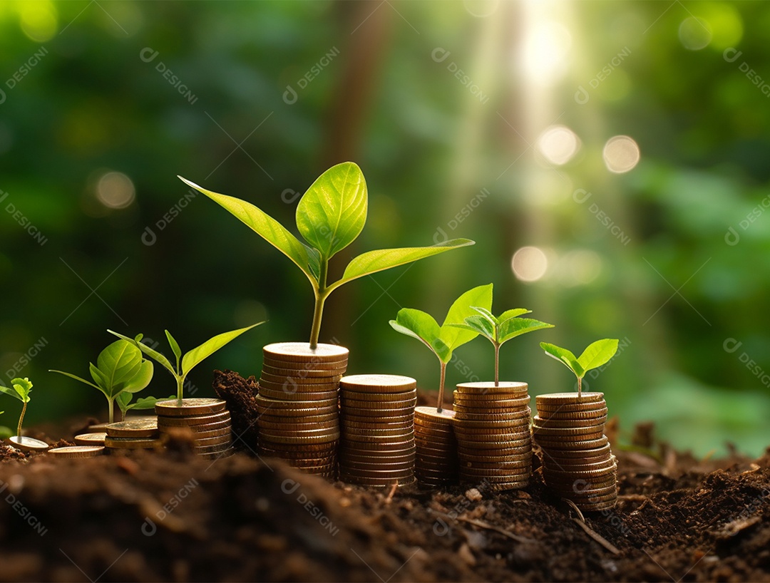 Mudas crescendo sobre pilhas de moedas.