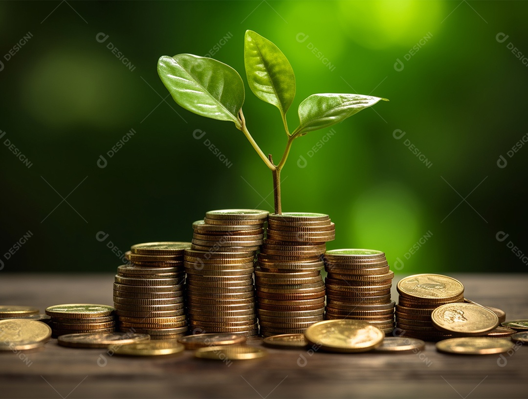 Mudas crescendo sobre pilhas de moedas.