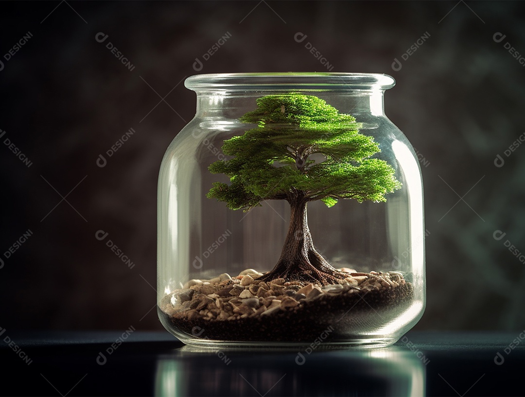 Moedas e bonsai dentro de um Frasco de vidro.
