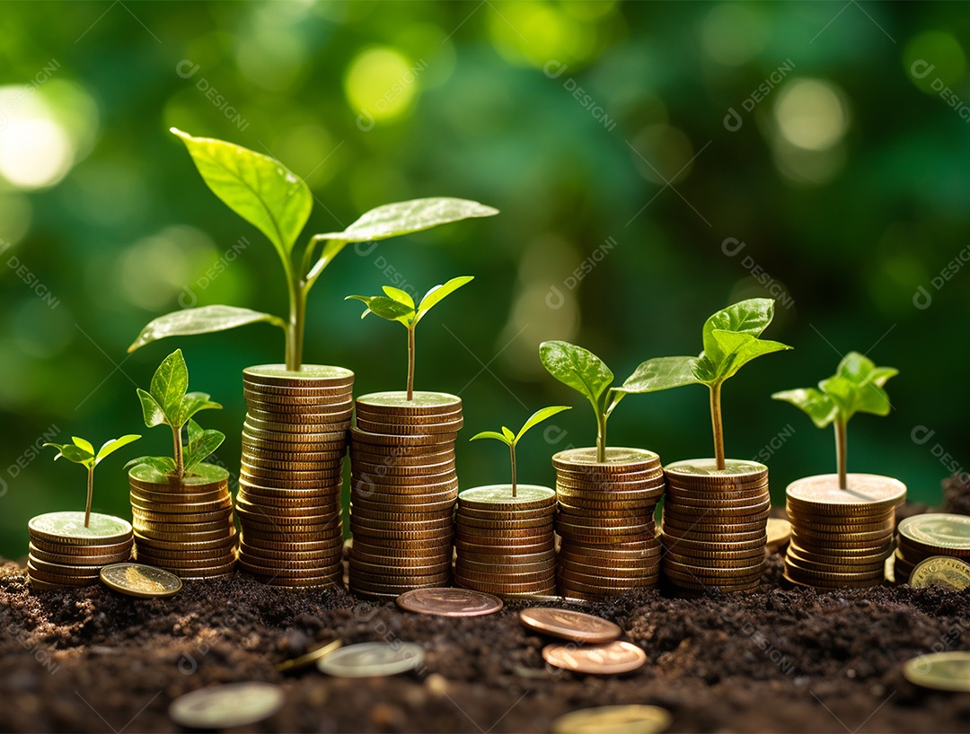 Mudas crescendo sobre pilhas de moedas.