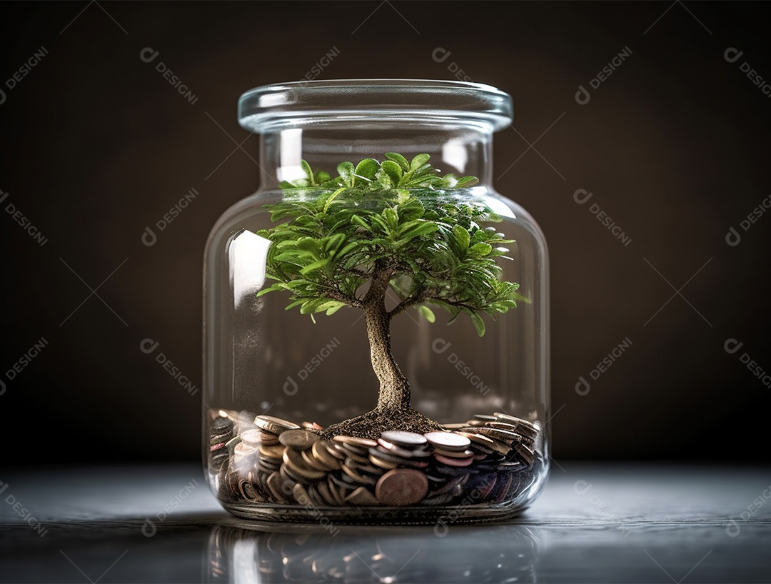 Moedas e bonsai dentro de um Frasco de vidro.