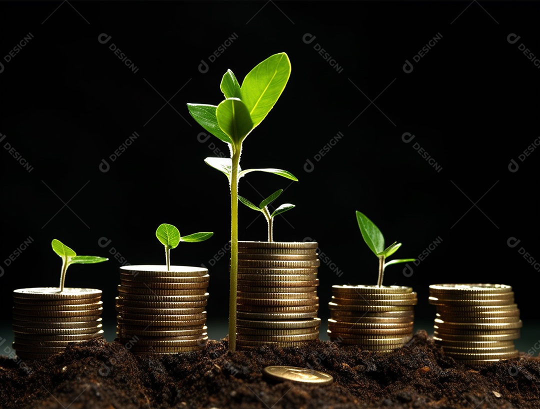 Mudas crescendo sobre pilhas de moedas.