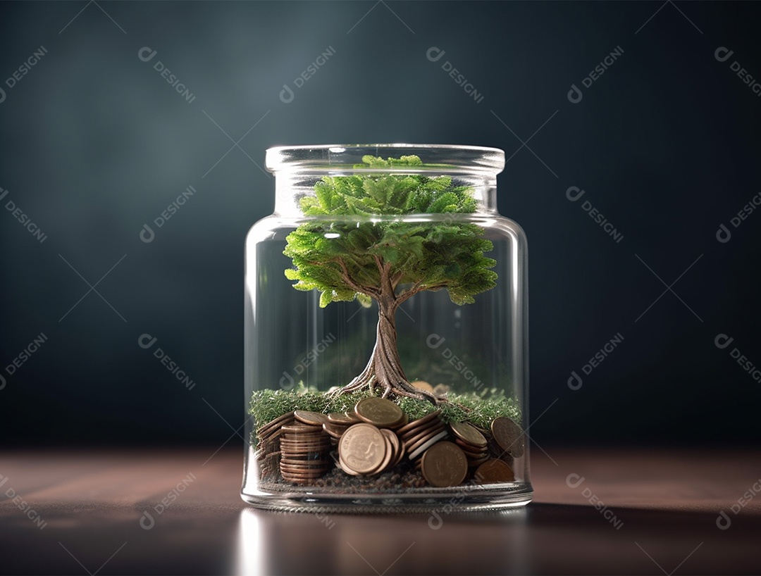 Moedas e bonsai dentro de um Frasco de vidro.