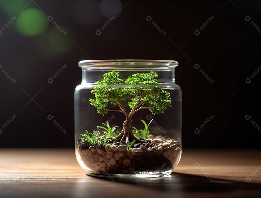 Moedas e bonsai dentro de um Frasco de vidro.