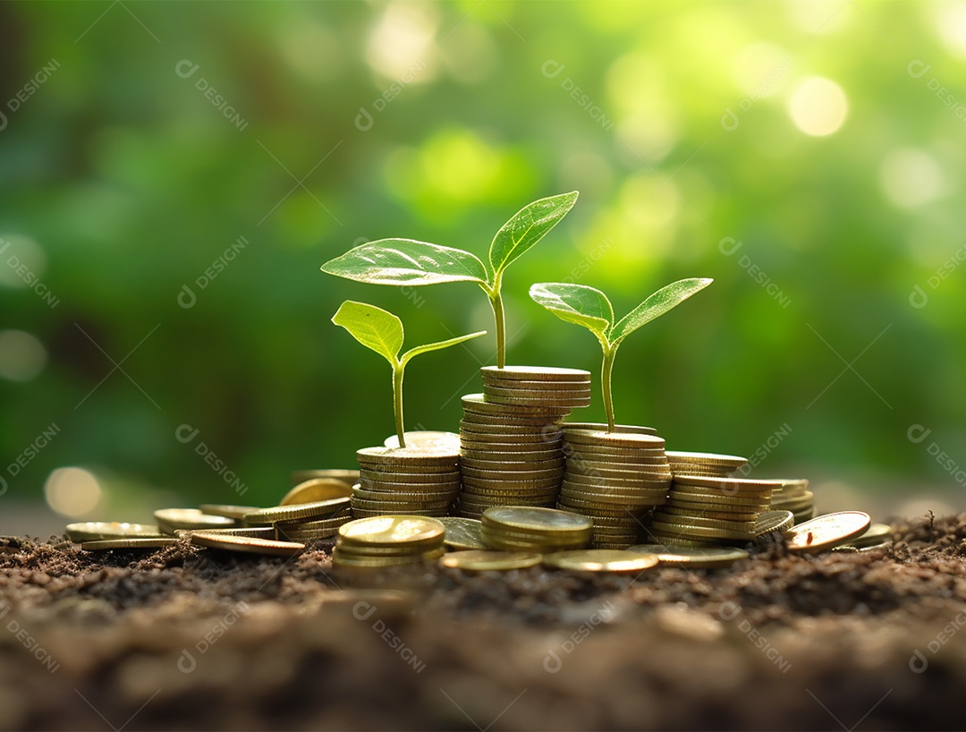 Mudas crescendo sobre pilhas de moedas.