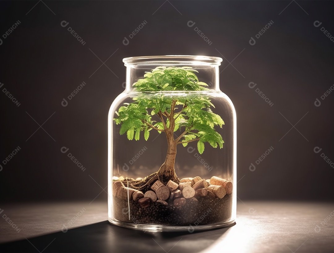 Moedas e bonsai dentro de um Frasco de vidro.