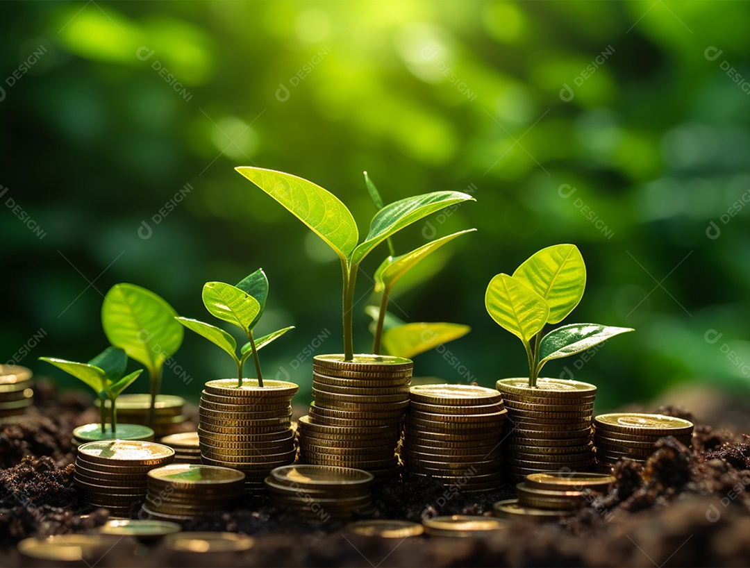 Mudas crescendo sobre pilhas de moedas.