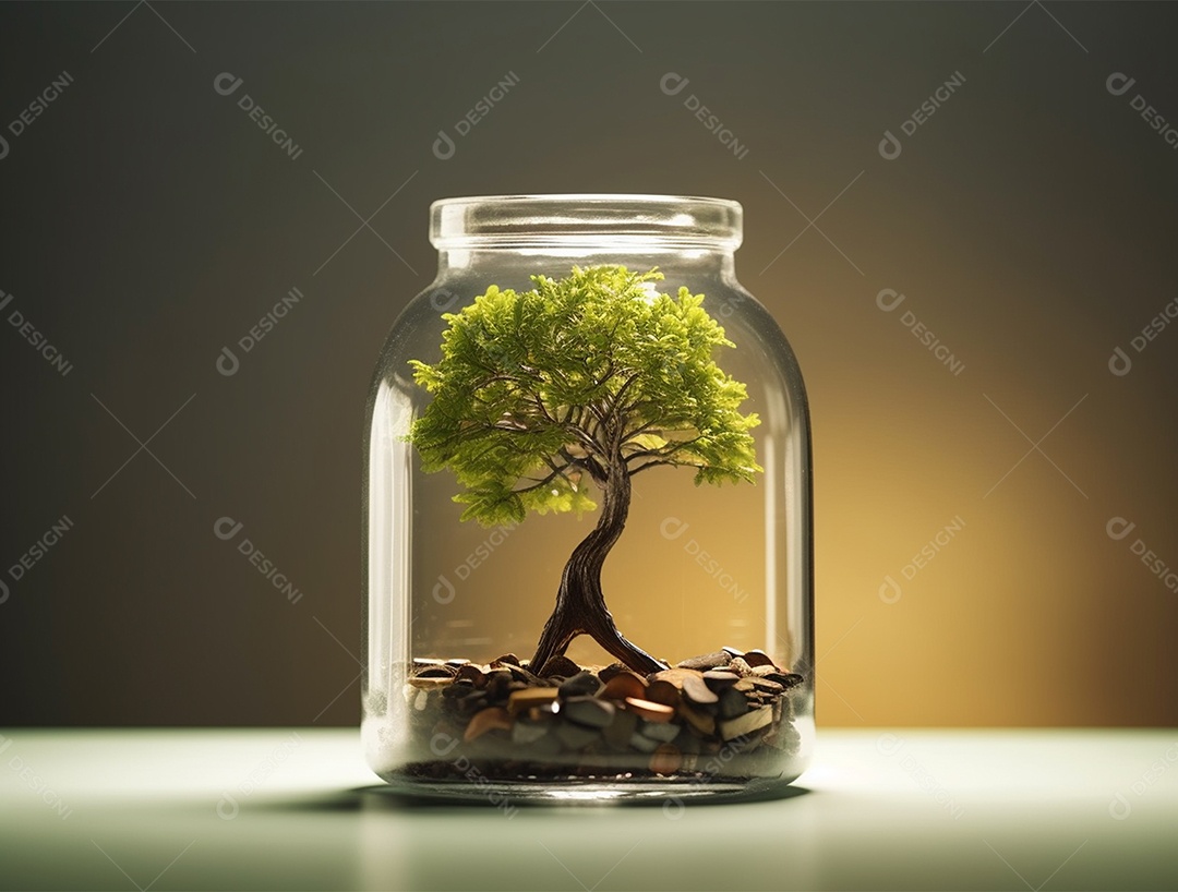 Moedas e bonsai dentro de um Frasco de vidro.