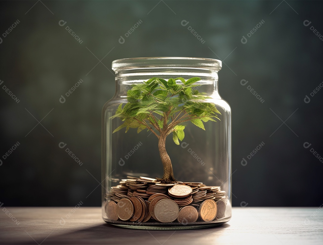 Moedas e bonsai dentro de um Frasco de vidro.